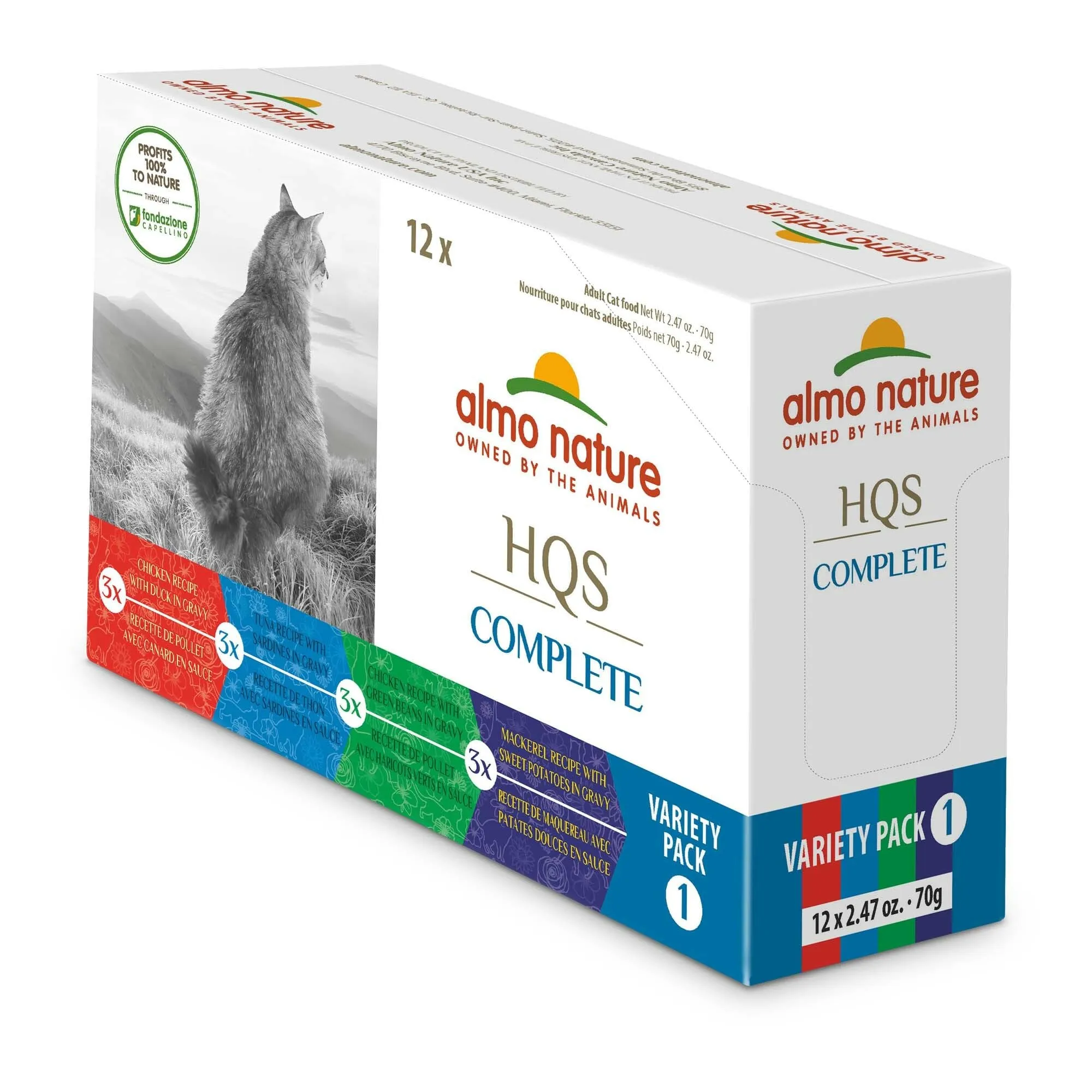 Almo Nature HQS Complete Cat Variety Pack 12 Cans - Chicken-Duck, Tuna-Sardines, Mackerel