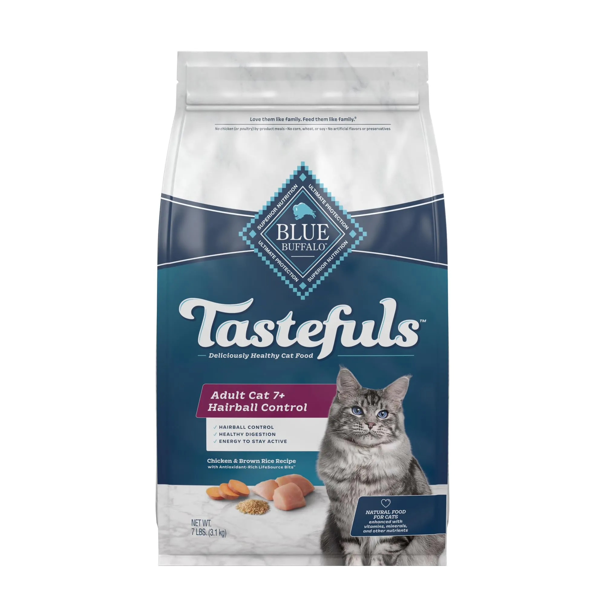 Blue Buffalo Tastefuls Dry Cat Food, Hairball Control, Chicken & Brown Rice, 7lb Bag