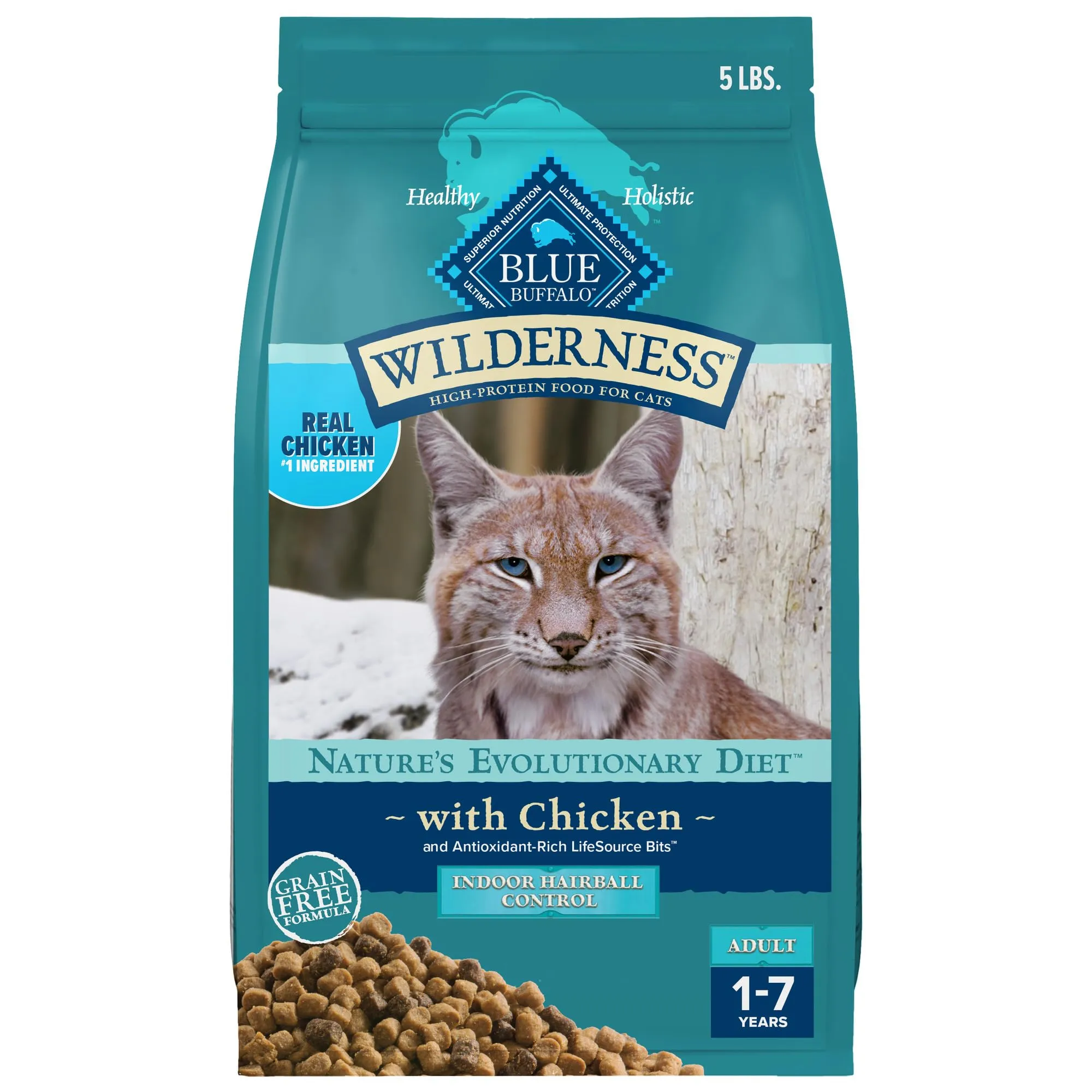 Blue Buffalo Wilderness Natural Hairball Care Dry Cat Food, Grain-Free Chicken, 5-lb Bag