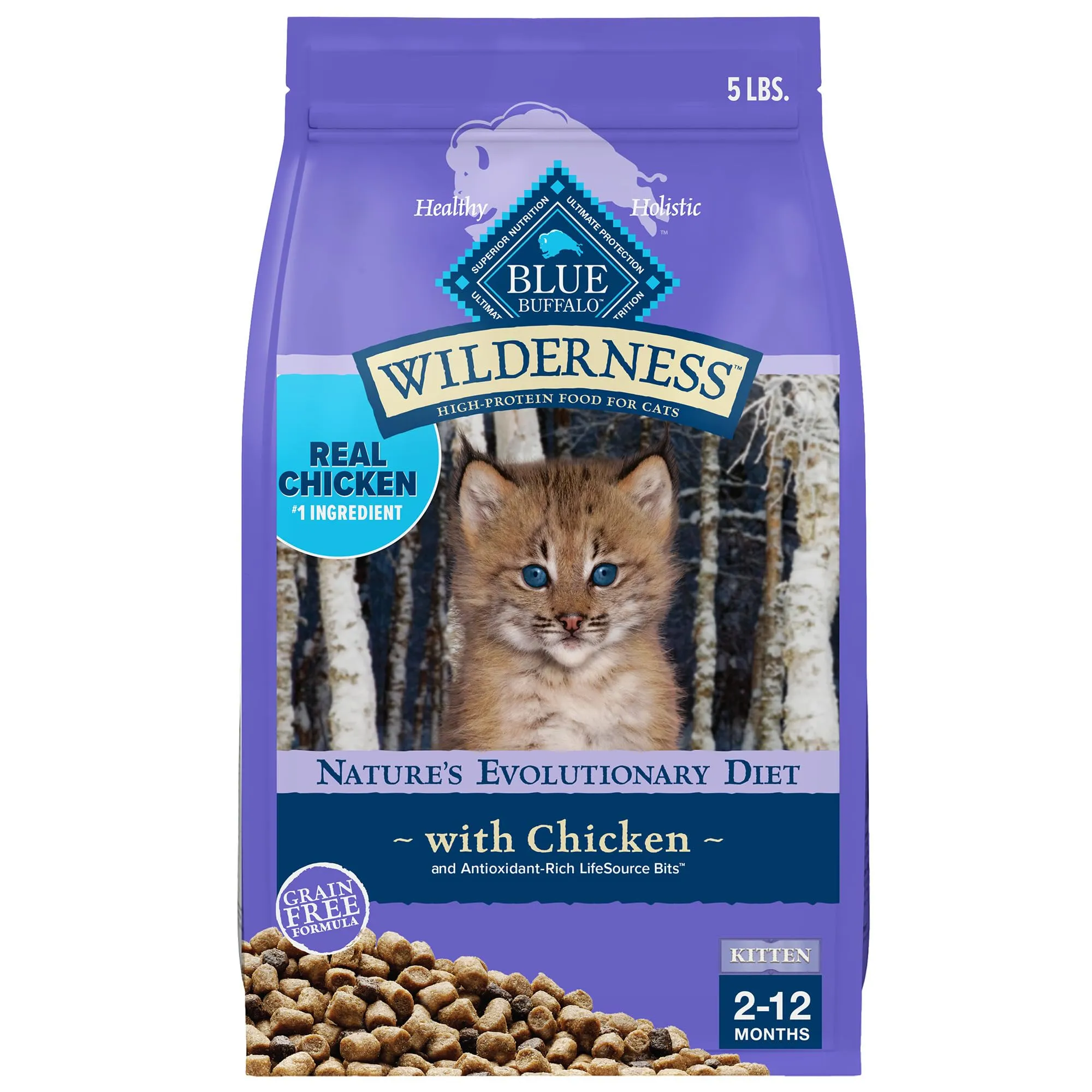 Blue Buffalo Wilderness Natural Kitten Dry Cat Food, Grain-Free, High-Protein Chicken, 5-lb Bag