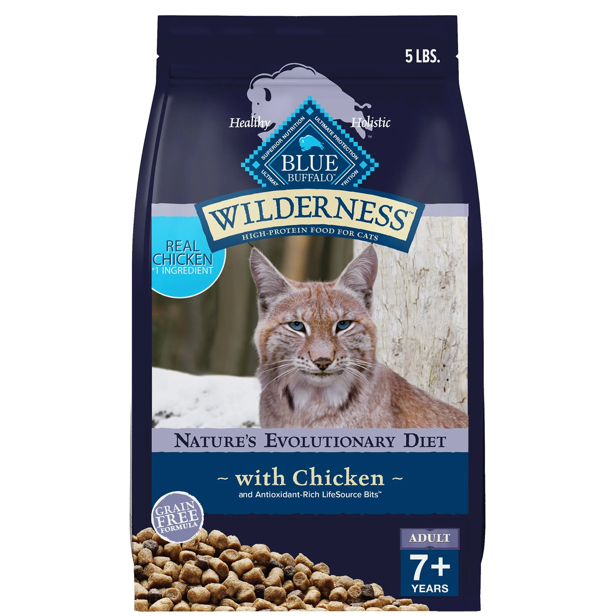 Blue Buffalo Wilderness Natural Mature Dry Cat Food 5-lb, High-Protein, Grain-Free, Chicken