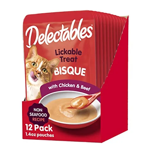 Hartz Delectables Bisque Non-Seafood Chicken & Beef Lickable Cat Treats, 12 Pouches, 1.4 Oz