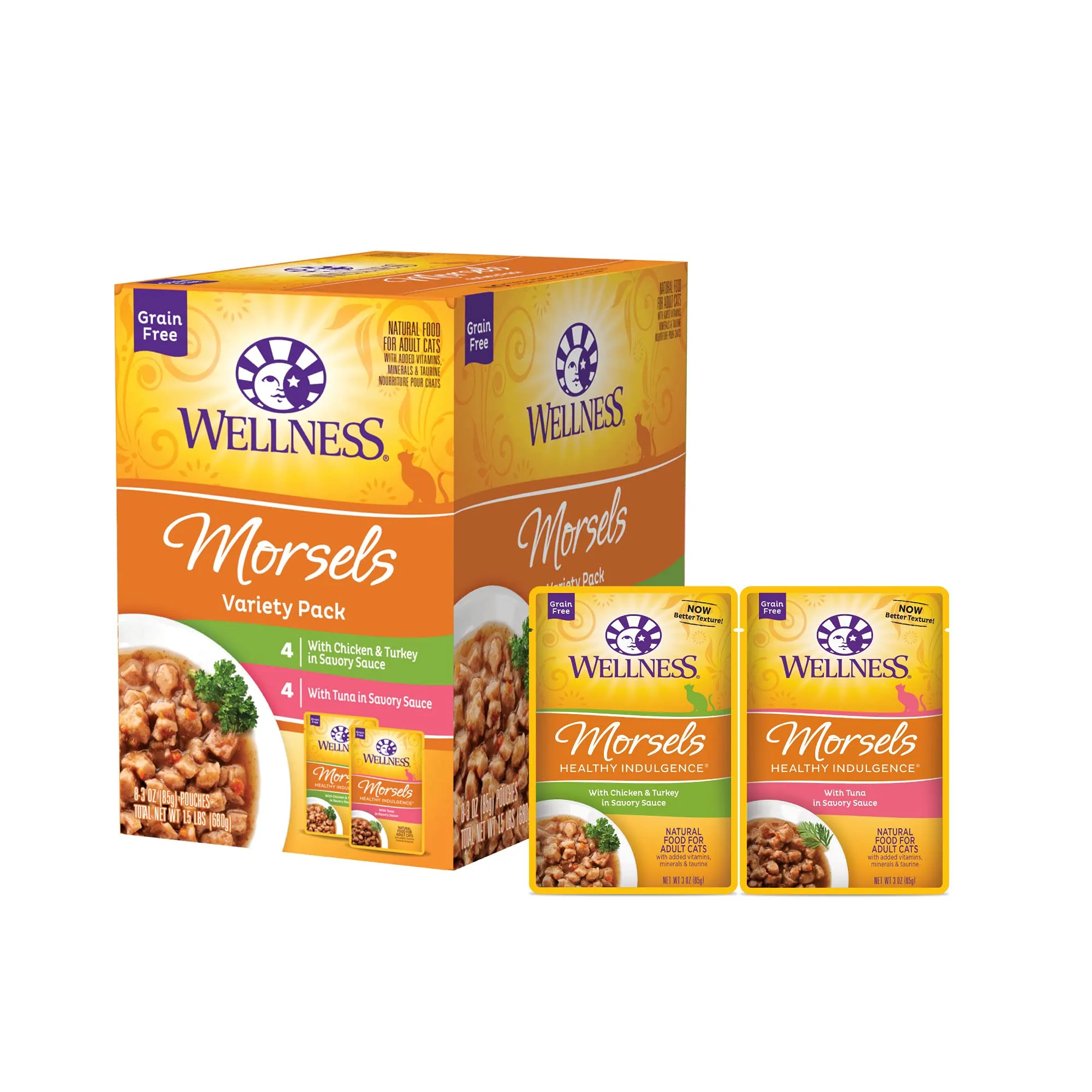 Wellness Healthy Indulgence Grain-Free Wet Cat Food Variety Pack, 8 Pouches, Natural Ingredients